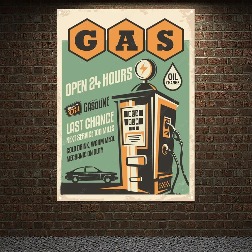 Auto Repair Shop Banners - АЗС ОТКРЫТЫЙ 24-часовой винтажный постер АВТОМОБИЛЬНОГО